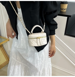 Detail of white quilted vanity bag with leather-woven chain strap and gold zippers