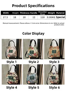 Detailed size chart and multi-pattern fabric mini tote bag options with dimensions shown