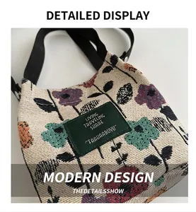 Detail of floral canvas bucket bag showing fabric texture and green logo patch