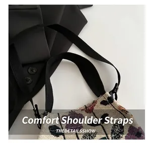 Detail of vintage floral canvas tote bag with reinforced black woven shoulder straps