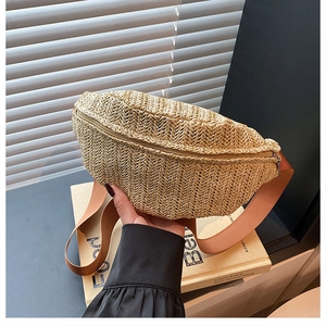Detail of khaki woven straw texture and metal zipper on trendy cross-body chest bag