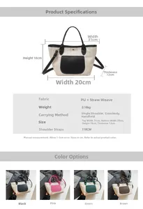 Detaillierte Größentabelle für Strohtragetasche mit Maßen 31x20x18cm und PU-Materialinfo