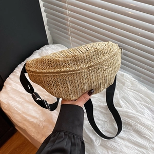 Women Woven Straw Chest Bag Summer Beach Vacation Crossbody Waist Pack With Adjustable Strap Zipper Fashion Casual Bag