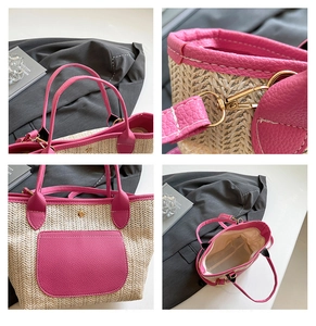 Detailansicht der Stroh-Tote-Bag mit fuchsiafarbenem Lederbesatz und Goldbeschlägen