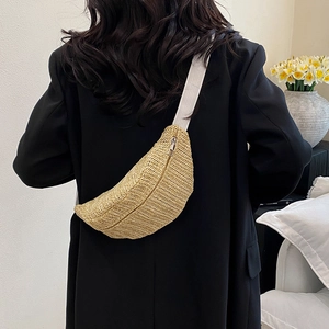 Chic beige woven straw crossbody chest bag with adjustable strap for women in 2025 fashion