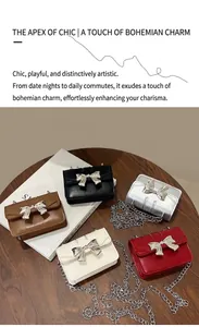 Detailed view of mini crossbody bags in five colors with metallic bow chain detail