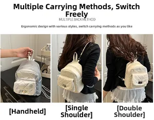 Quilted mini backpack shown in three styles: handheld, single shoulder, and double shoulder use