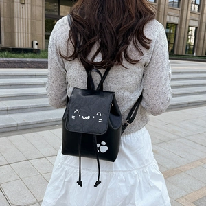 Cute black PU leather mini backpack with cat print and adjustable straps for women