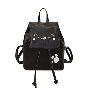 Cute black Japanese style PU leather cat backpack with white paw print and cat face