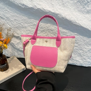 Kontrastfarbene Stroh Webart Tragetasche PU Lederbesatz Handtasche Sommer Strand Urlaub Crossbody Für Damen