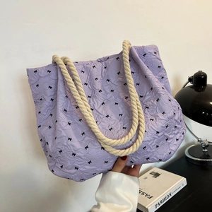 Women Tote Bag Bow Tie Print Textured Fabric Large Capacity Shoulder Bag With Cotton Rope Handle Casual Underarm Bag