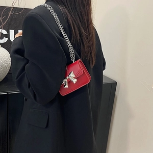 Mini red bow chain bag for women, chic trendy crossbody lipstick bag for 2025 style