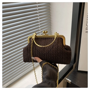 Detailed texture of dark brown woven shell bag with elegant gold metal clasp and chain