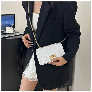 Close-up of white croc-embossed small square bag with gold chain and turn-lock