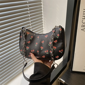 Sac Sous Les Bras Imprimé Cerise Cuir PU Bandoulière Chaîne Sac À Main Rétro Style Français Mode Petit Sac Pour Femmes
