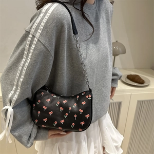 French style underarm bag featuring red cherry prints and stylish metal chain strap