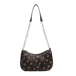 French style black hobo bag with cherry print and elegant metal chain strap