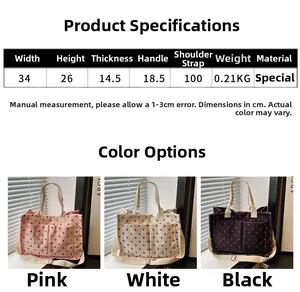 Detailed size chart for large canvas tote bag with heart print and strap dimensions