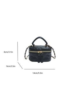 Quilted black mini handbag with chain strap and dual zippers, size dimensions 14x9x8cm