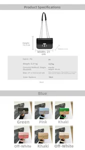 Detailed chart showing PU leather box bag dimensions 21x13.5x6.5cm and color options