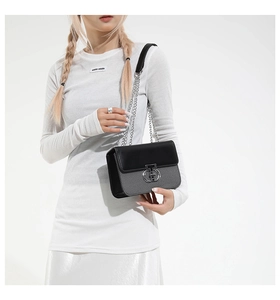 Detail of a chic two-tone box bag featuring silver metal buckle and chain strap