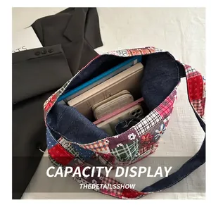 Detailed interior of a floral patchwork canvas tote bag showing its large storage capacity