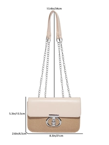 Contrast material shoulder bag with woven texture, metal lock, and size dimensions