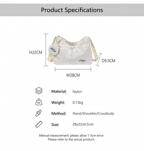 Size diagram and specifications for a white nylon crossbody bag with 28cm width
