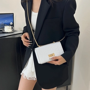Elegant white crocodile embossed faux leather crossbody bag with golden chain strap