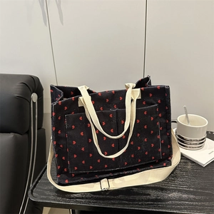 Women Large Capacity Corduroy Heart Print Tote Bag Casual Shoulder Bag With Front Pockets For School Commute Work
