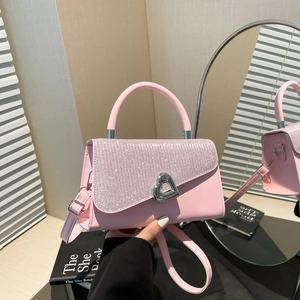 Sac à Bandoulière Femme avec Serrure en Forme de Cœur Strass Paillettes Sac à Main en Cuir PU Petit Sac Carré pour Fête