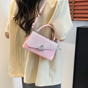 Pink heart-lock square handbag with glitter flap for women, stylish crossbody bag fashion