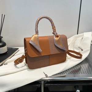 Niche Design Stitched PU Leather Handbag For Women 2025 Summer Fashion Scarf Handle Shoulder Crossbody Underarm Bag