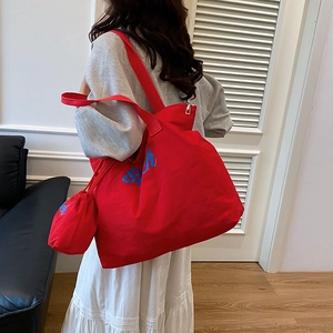 Red canvas tote bag with blue print and mini pouch, trendy casual shoulder bag for women