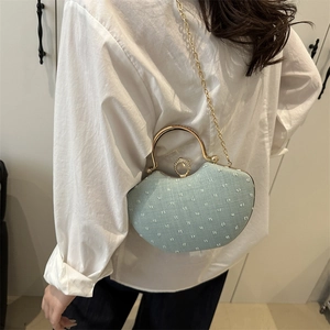 Chic pale green saddle bag with square embroidery and gold metal handle for women
