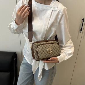 Retro brown monogram crossbody bag for women with golden M logo and wide strap