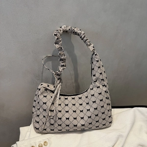 Women Sweet Vintage Canvas Grid Bow Underarm Bag Scrunched Handle Hobo Bag Small Bow Print Shoulder Bag For Daily Outing