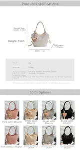 Detailed chart showing PU leather bucket bag dimensions and multiple color options with charm