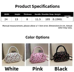 Size guide for cherry print shell bag showing dimensions and colors white pink black