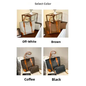 Four-grid display of checkered tote bag sets in beige, brown, coffee, and black colors