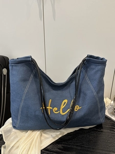 Sac Fourre-tout en Denim Coréen pour Femmes Grande Capacité Broderie Hello Sac à Épaule Décontracté Sac à Main en Denim