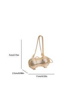 Elegante borsa da sera mini a forma di arachide dorata con strass e tracolla a catena