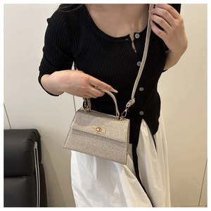 Close-up of glitter trapezoid handbag with gold metal clasp and detachable shoulder strap
