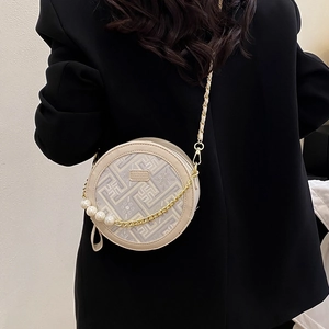 Elegante runde Umhängetasche mit geometrischem Muster, Kettengurt und Perlengriff für Damen