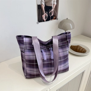 Women Casual Plaid Tote Bag Large Capacity Canvas Grid Shoulder Bag Retro Commuter Handbag With Zipper And Braided Decoration