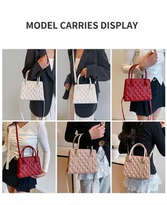 Quilted diamond lattice small square bag shown in white, red, and apricot color options