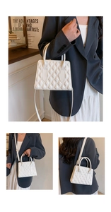 White quilted crossbody bag shown in various carrying styles by a model in office wear