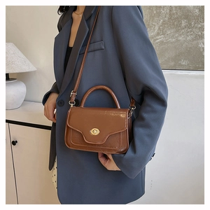 Chic brown patent leather crossbody bag with elegant gold metallic twist lock detail
