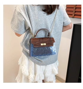 Detail of blue transparent PVC bag with crocodile pattern leather and gold chain strap