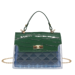 Green croc-texture and transparent diamond-patterned handbag with gold chain strap